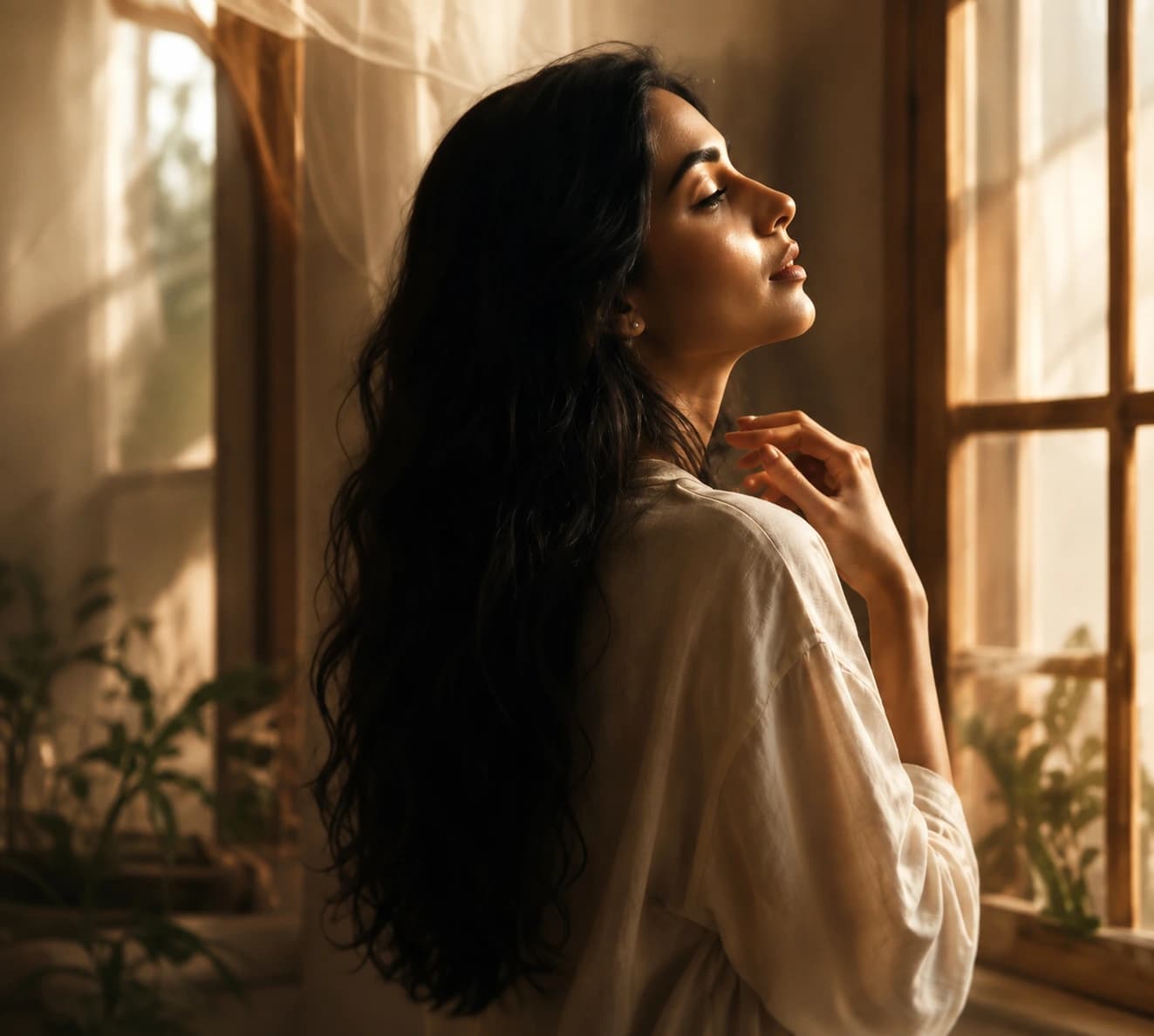 Woman with long hair by a window, embodying the NIIVORA ritual